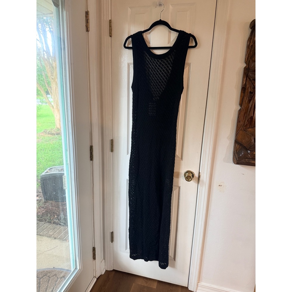 Dotti Black Cotton Crochet Knit Maxi Dress Cover Up Open Back Side Slit Small